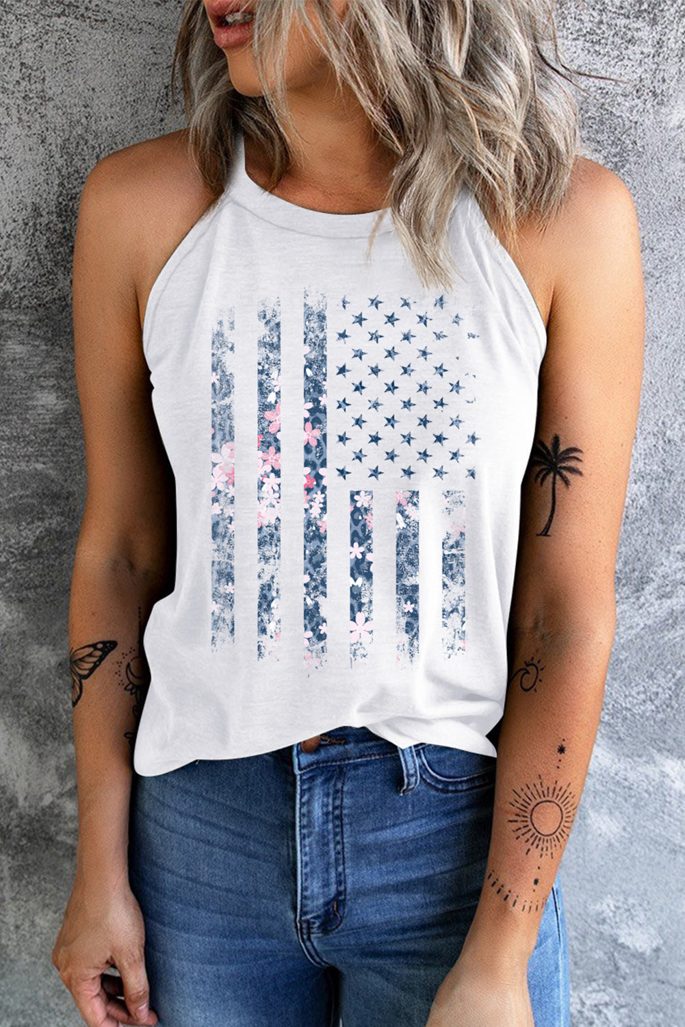 God Bless America Floral Flag Grecian Neck Tank