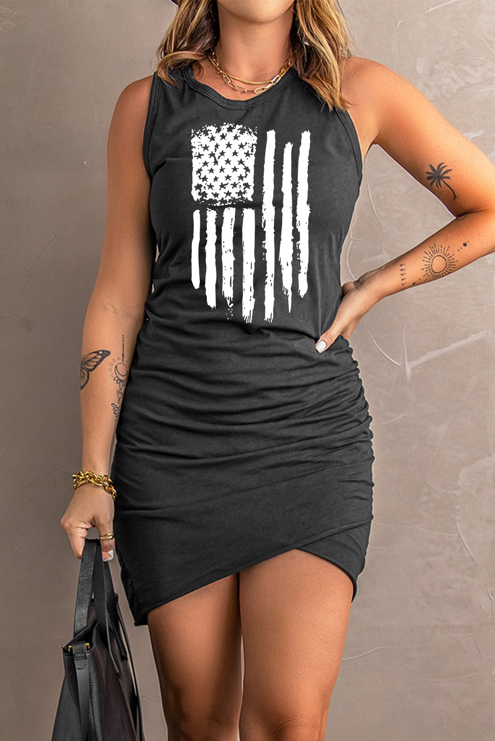 God Bless America US Flag Tulip Hem Ruched Sleeveless Dress