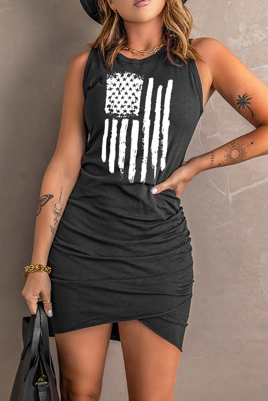 God Bless America US Flag Tulip Hem Ruched Sleeveless Dress